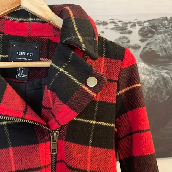Forever 21 Premium Label Red Plaid Moto Jacket S - Picture 3 of 9